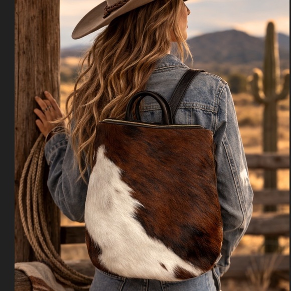 Leather Cowhide Fur Backpack Brown & White main image 9